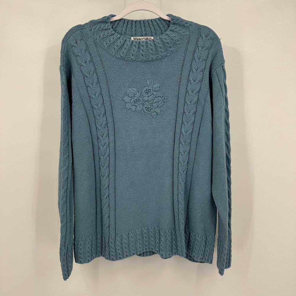 Womens Cottagecore Grandma Sweater Size 1X Embroidered Floral Modest Blue